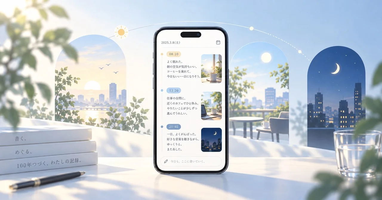 朝から夜へ移る景色と、時刻付きの日記を表示したスマートフォンのイラスト